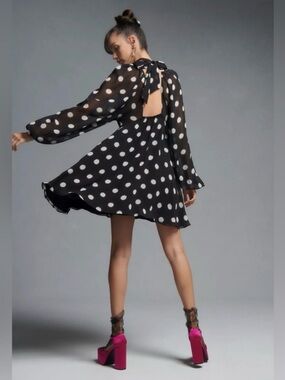 Maeve by Anthropologie Black White Knee Length Polka Dot Bow Tie Up Dress (XS)